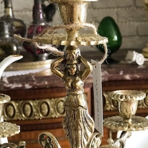 VINTAGE BRASS CANDELABRA, Solid Brass 5 Arm Candle Holder, French Table Centerpiece, Boho Candlesticks, Rustic, Victorian Candle Holder