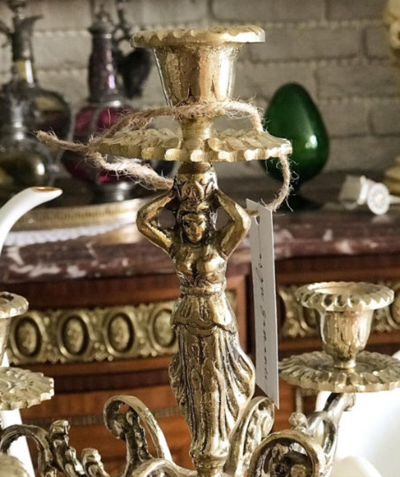 VINTAGE BRASS CANDELABRA, Solid Brass 5 Arm Candle Holder, French Table Centerpiece, Boho Candlesticks, Rustic, Victorian Candle Holder