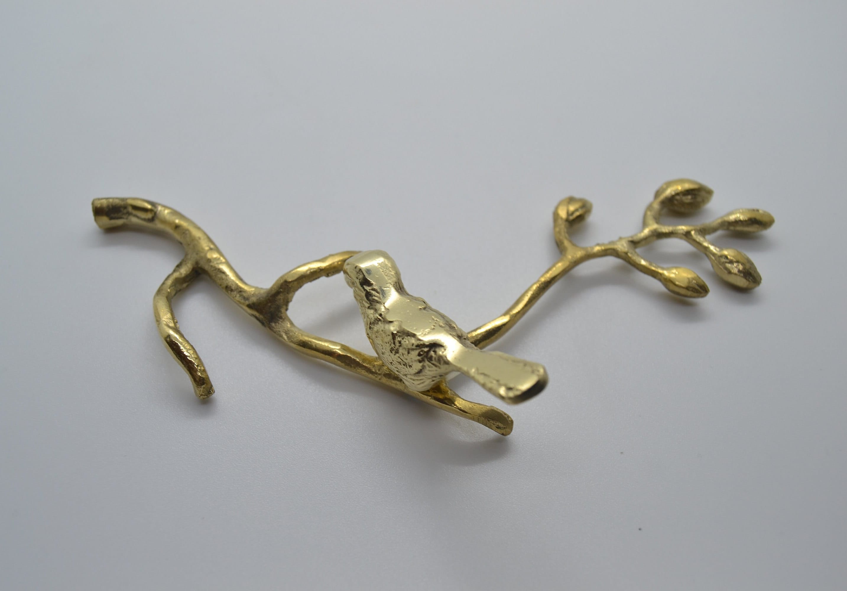 BRANCH WITH BIRD 2 , Leaf Brass Door Handle, Wardrobe Handle, Brass Door Knobs, Handles for Doors, Main Door Handles, Leafy Branch