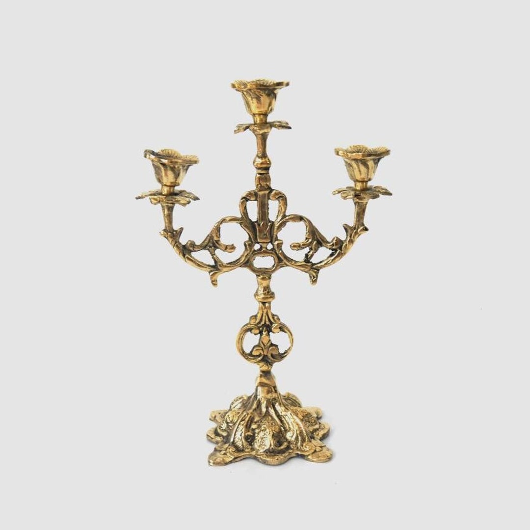 VINTAGE BRASS CANDELABRA, Solid Brass 3 Arm Candle Holder, French Table