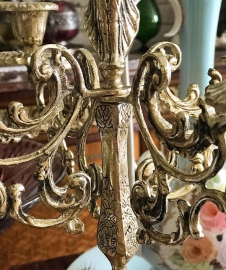 VINTAGE BRASS CANDELABRA, Solid Brass 5 Arm Candle Holder, French Table Centerpiece, Boho Candlesticks, Rustic, Victorian Candle Holder