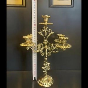 VINTAGE BRASS CANDELABRA, Solid Brass 5 Arm Candle Holder, French Table Centerpiece, Boho Candlesticks, Rustic, Victorian Candle Holder