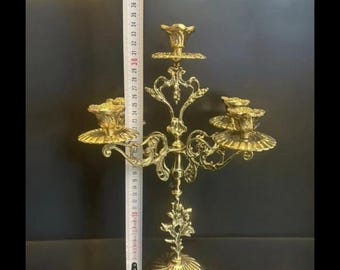 VINTAGE BRASS CANDELABRA, Solid Brass 5 Arm Candle Holder, French Table Centerpiece, Boho Candlesticks, Rustic, Victorian Candle Holder