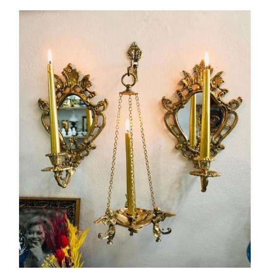 VINTAGE HANGING CANDLESTICK, Brass Candlestick With Angels