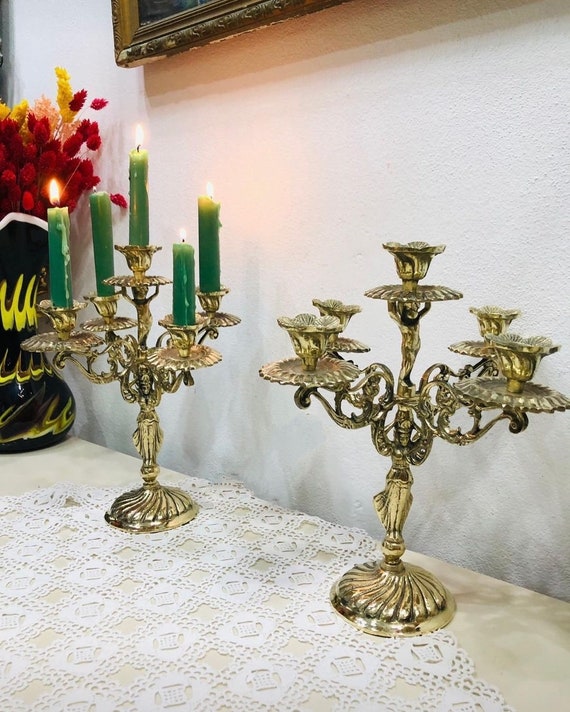 VINTAGE BRASS CANDELABRA, Solid Brass 5 Arm Candle Holder, French Table  Centerpiece, Boho Candlesticks, Rustic, Victorian Candle Holder 