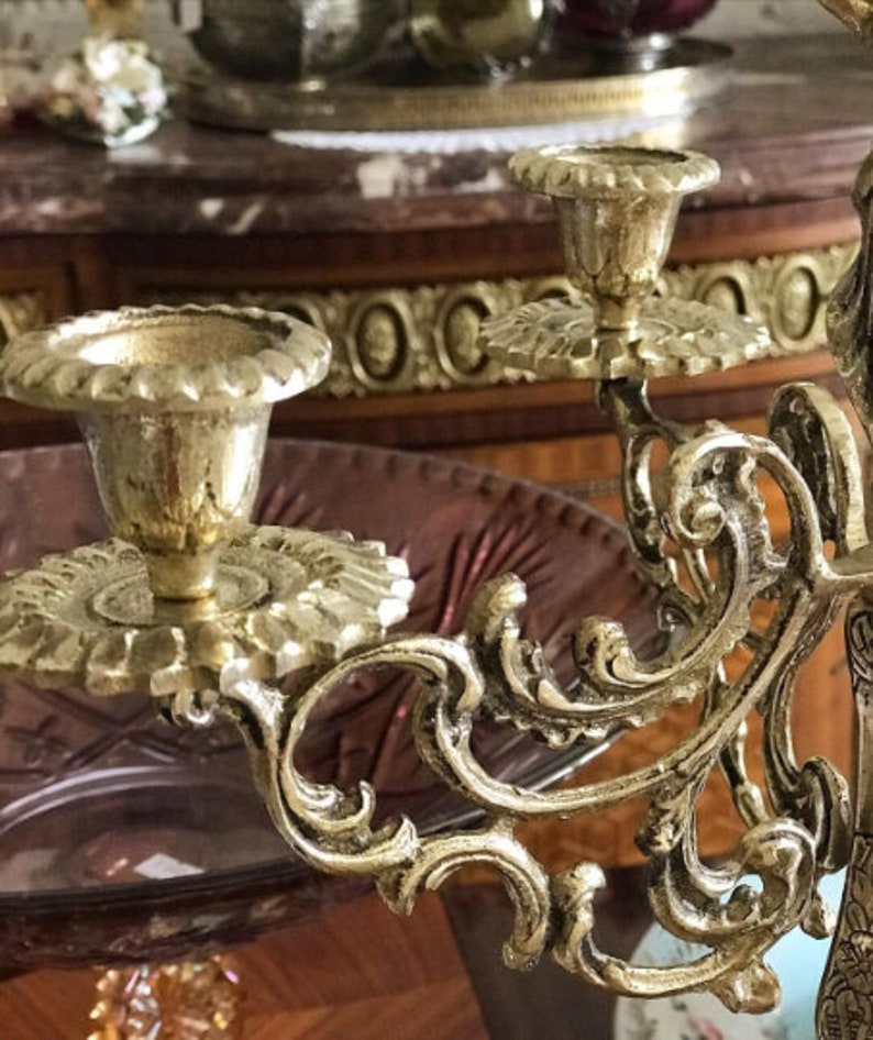 VINTAGE BRASS CANDELABRA, Solid Brass 5 Arm Candle Holder, French Table Centerpiece, Boho Candlesticks, Rustic, Victorian Candle Holder