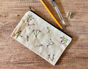 Hand embroidered wild flower pencil case / zip pouch / makeup bag / travel bag / cute stationery / teacher gift / fun stationery