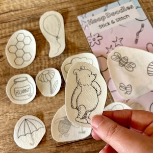 Stick and stitch Pooh bear Pack / Water Soluble embroidery design stickers / Up cycle / Customise Clothes / Patch / Hand embroidery tool