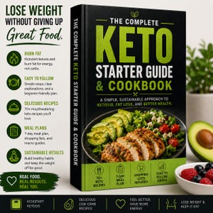 Könnte beinhalten: Ein gebundenes Buch mit dem Titel The Complete Keto Starter Guide & Cookbook mit schwarzem Einband, grünem Titel und einem Bild von gegrilltem Hähnchen mit Avocadosalat. Der Text hebt Gewichtsverlust, Ernährungspläne und Keto-Rezepte hervor.