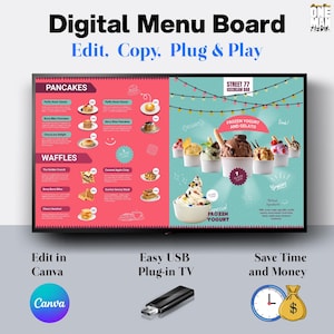 2 cool ice cream themed 4K Digital Menu Board Templates – Editable in Canva for TV & Digital Screens –  | USB Plug and Play