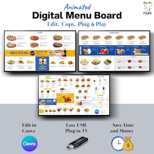 Könnte beinhalten: Eine animierte digitale Menütafel-Vorlage mit drei Bildschirmen, die verschiedene Speisen wie Pizza, Loaded Fries, Burger und Getränke zeigen. Der Text enthält "Animated Digital Menu Board", "Edit. Copy. Plug & Play", "Edit in Canva", "Easy USB Plug-in TV" und "Save Time and Money".