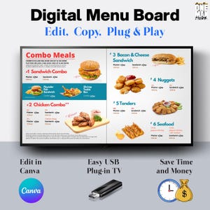 Digital Menu Board Template: 4-Screen Restaurant TV Menu (Canva Editable, USB Plug & Play)