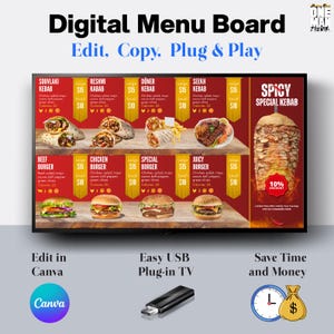 Restaurant Menu Board Template: Editable TV Screen Display (Canva, USB)