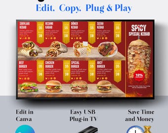 Puede incluir: Un tablero de menú digital con fondo rojo y blanco. El menú presenta una variedad de kebabs y hamburguesas, con los precios indicados para cada artículo. El tablero está etiquetado como "Digital Menu Board" y "Edit, Copy, Plug & Play".