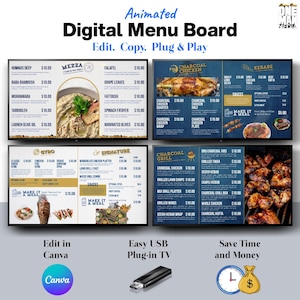 Könnte beinhalten: Animierte digitale Speisekarte mit verschiedenen Gerichten, darunter Kebabs, Holzkohle-Hähnchen und Gyros. Der Text lautet "Edit, Copy, Plug & Play". Es enthält auch den Text "Edit in Canva" und "Easy USB Plug-in TV."