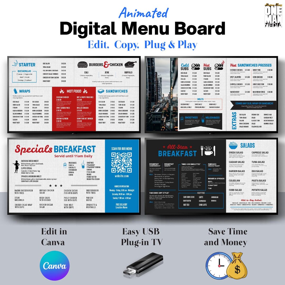Menu 4k Digital Menu Board Template, Canva Editable, 4K TV Signage - Etsy