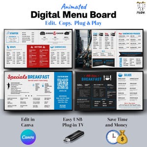 Puede incluir: Menú digital animado que muestra varias categorías de alimentos, como entrantes, hamburguesas, sándwiches y desayunos. El menú se muestra en varias pantallas e incluye ensaladas. Fácil de editar, copiar y reproducir.