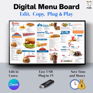 Digital Menu Board + Print Menu Board Template – Editable Template for TV & Print Menu – Customizable in Canva | USB Plug and Play