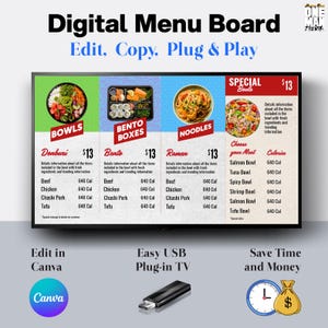 Modelo de quadro de menu de comida chinesa – Modelo digital editável para TV e telas digitais – personalizável no Canva | USB Plug and Play
