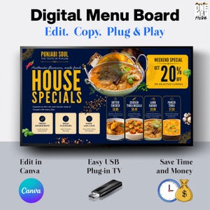 May include: A digital menu board template for a restaurant named Punjabi Soul, featuring a dark blue background with yellow text, images of Indian curry dishes, a weekend special 20% off badge, and icons for Canva, a USB drive, and a clock.