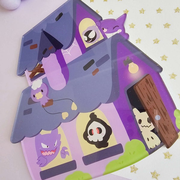 Haunted House Glitter Acrylic Coaster - Game coaster, Ghost type, Gamer gift, Kawaii, Lavender town, Tea bar, Coffee bar Coaster