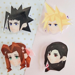 May include: Four character headshots of popular video game characters. The characters are depicted in a pixelated style with a sparkly finish. The characters are Cloud, Tifa, Sephiroth, and Aerith from the Final Fantasy VII video game.