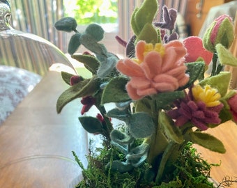 Field of Flowers - Miniature Felt Flower Bouquet with Dried Moss in Glass & Wood Cloche