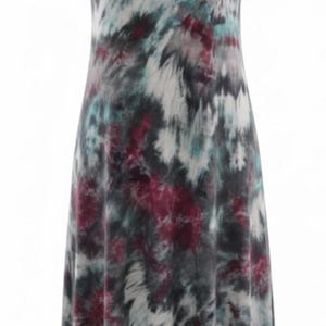 May include: A short-sleeved, floor-length dress with a tie-dye pattern. The dress features a blend of colors, including gray, white, teal, and burgundy. The fabric appears soft and comfortable, suitable for casual wear.
