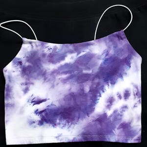Crop Top with spaghetti straps, Size S, Tie-dyed/Ice-dyed in multiple shades of Purple.