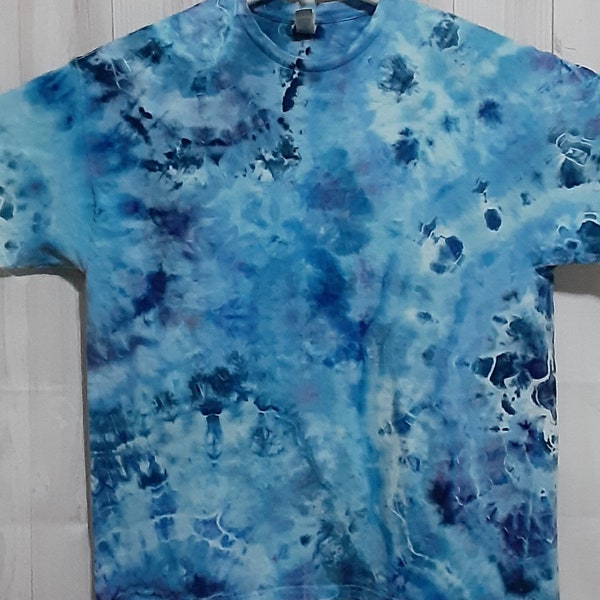 Adult T-shirt XL, Short-sleeve Crew-neck, Gender-neutral, Ice-dye/Tie-dye in multiple Blues. "Blue Side Geode".