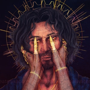 May include: A digital painting of a man with long dark hair, wearing a blue robe and gold jewellery. His eyes are closed and his hands are clasped in front of him. The background is dark with a golden halo around his head. The text "the favourite son" is written above the halo.