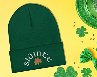 Sláinte Shamrock Green Cuffed Beanie | embroidered winter hat, st. patrick's day hat, slainte beanie, green white gold hat, Irish inspired