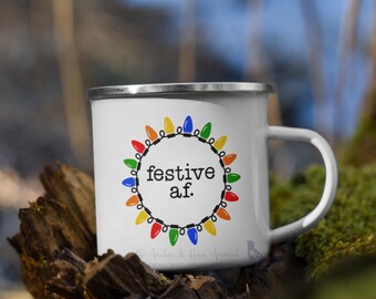 émaillée festive AF Holiday Lights | Mug coloré pour les fêtes, mug de Noël en émail, tasse à café de Noël, cadeau de mug pour Noël