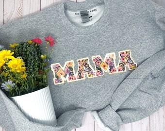 Sweat-shirt à lettres fleuries Mama | Sweat-shirt pour maman confortable, cadeau pour la fête des mères, sweat-shirt pour maman, chemise pour maman, cadeau pour maman, chemise florale et dorée