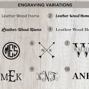 May include: A graphic showing 10 different engraving options for a personalized gift. Options include text, initials, and a compass design.