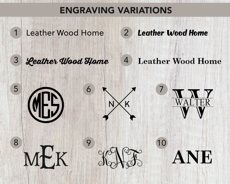 May include: A graphic showing 10 different engraving options for a personalized gift. Options include text, initials, and a compass design.