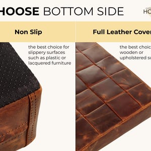 May include: A comparison graphic titled CHOOSE BOTTOM SIDE by LEATHER WOOD HOME. The left side shows a brown leather base with a black non-slip textured surface. The right side shows a brown leather base with a full leather cover.