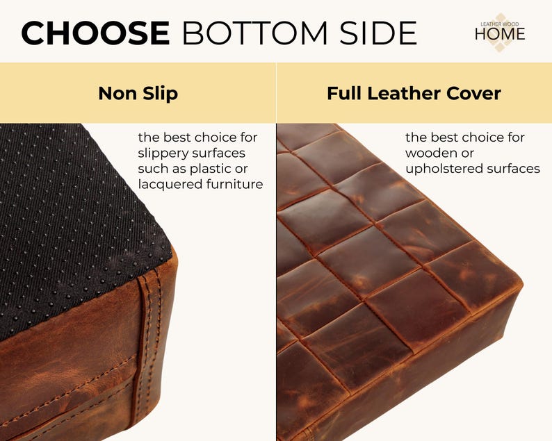May include: A comparison graphic titled CHOOSE BOTTOM SIDE by LEATHER WOOD HOME. The left side shows a brown leather base with a black non-slip textured surface. The right side shows a brown leather base with a full leather cover.