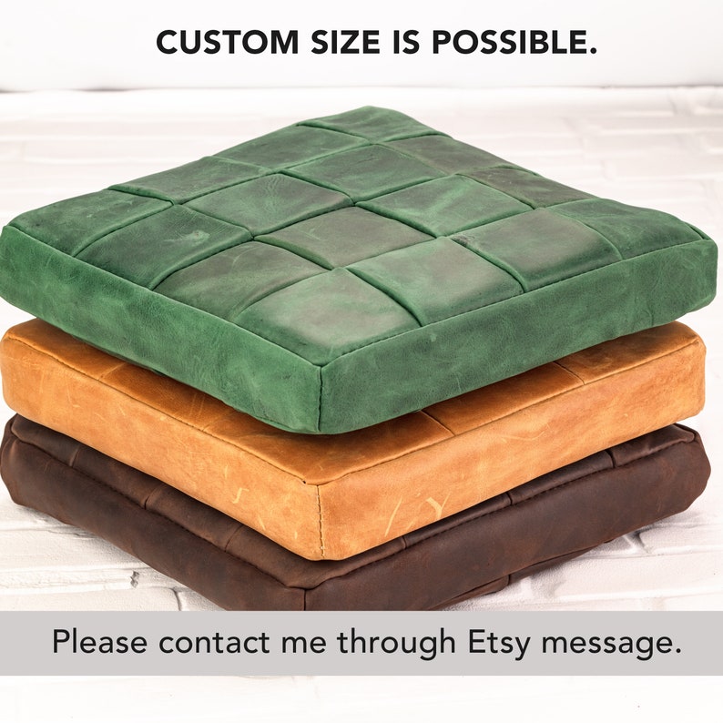 May include: Three square leather cushions stacked vertically. The top cushion is green, the middle is tan, and the bottom is dark brown. Each cushion features a grid-stitched pattern. Text reads: CUSTOM SIZE IS POSSIBLE. Please contact me through Etsy message.