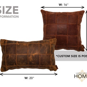 May include: Two brown leather pillows with a square stitched pattern. The larger pillow measures 16 inches by 16 inches and the smaller pillow measures 11 inches by 20 inches. The text "*CUSTOM SIZE IS POSSIBLE" is printed below the pillows.