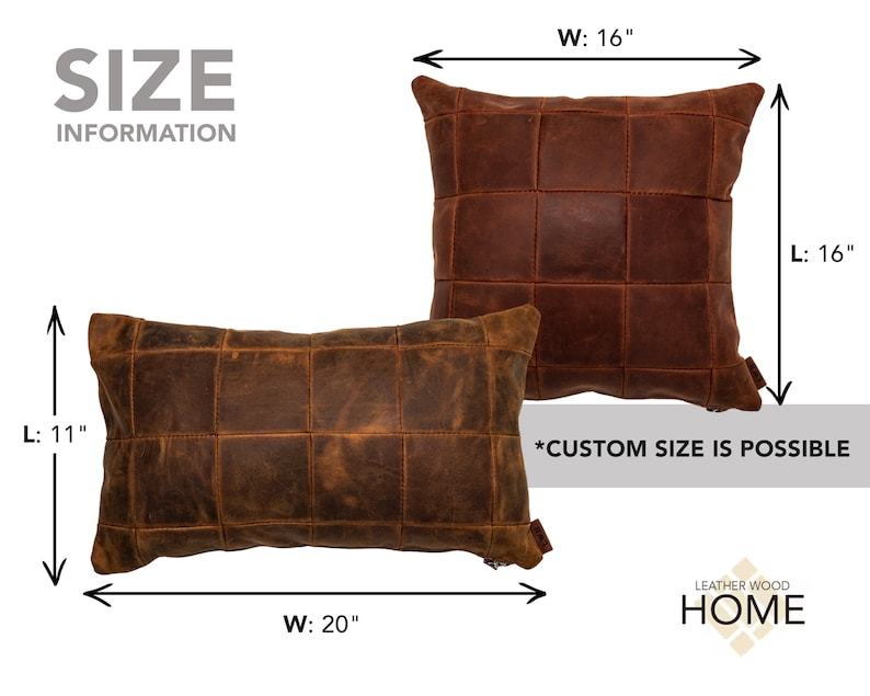 May include: Two brown leather pillows with a square stitched pattern. The larger pillow measures 16 inches by 16 inches and the smaller pillow measures 11 inches by 20 inches. The text "*CUSTOM SIZE IS POSSIBLE" is printed below the pillows.