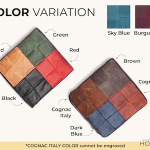 May include: Two square leather cushions featuring a grid-stitched pattern. The left cushion displays sand, green, red, and black sections. The right cushion shows brown, cognac, dark blue, and cognac Italy sections. Text includes COLOR VARIATION.