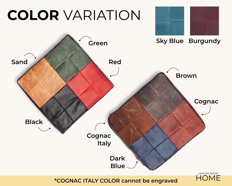 May include: Two square leather cushions featuring a grid-stitched pattern. The left cushion displays sand, green, red, and black sections. The right cushion shows brown, cognac, dark blue, and cognac Italy sections. Text includes COLOR VARIATION.