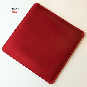 May include: A red square-shaped cushion with a stitched edge.