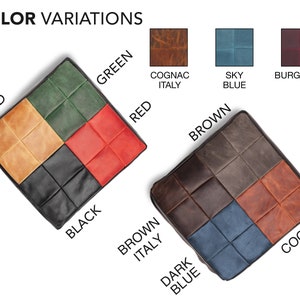May include: A square leather cushion with a patchwork design in shades of brown, green, red, black, and sand. The cushion is labeled with the colors of each section: "Sand", "Green", "Red", "Black", "Brown Italy", "Dark Blue", "Cognac".