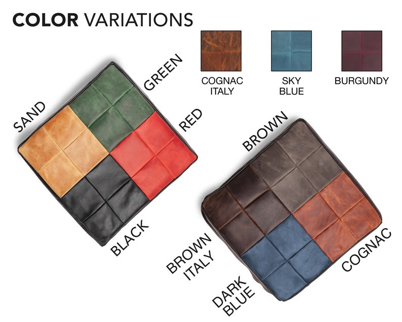 May include: A square leather cushion with a patchwork design in shades of brown, green, red, black, and sand. The cushion is labeled with the colors of each section: "Sand", "Green", "Red", "Black", "Brown Italy", "Dark Blue", "Cognac".
