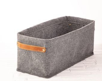 Custom size felt basket with leather handle, cd storage, toys storage, books storage, clothes storage, home storage, custom storage bin