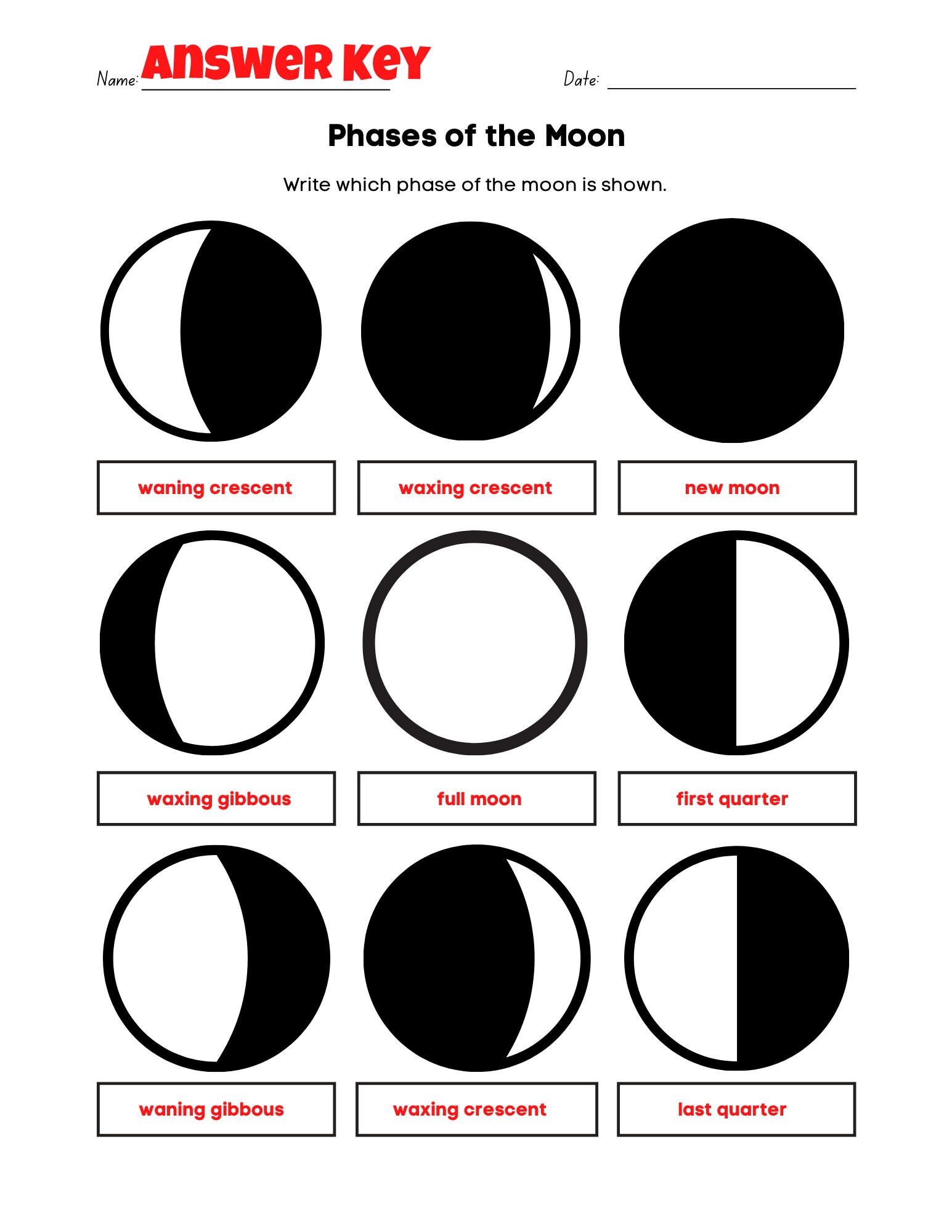 Easy Phases of the Moon Worksheet Fun PDF Print Activity with Answer Key -  Etsy