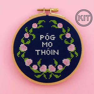 Póg mo Thóin Cross Stitch Kit: Sassy Wreath, 5 inch Hoop