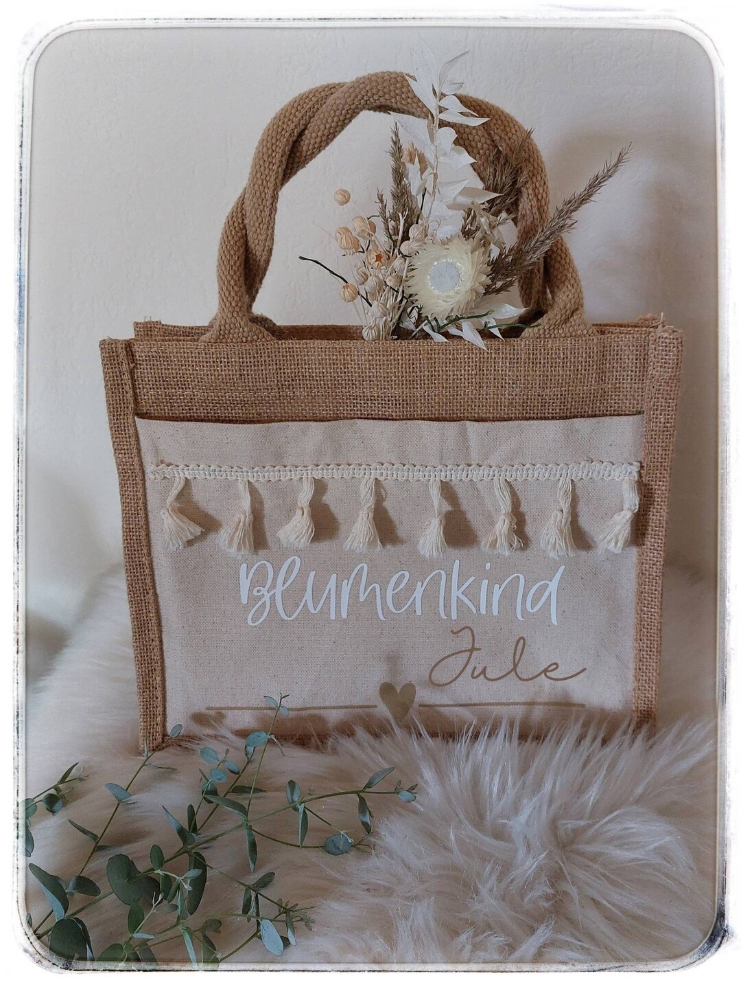 Braut Set Mit Jute Tasche & Hausschuhen - 'Bride' Perlen Verzierung Für Hochzeit